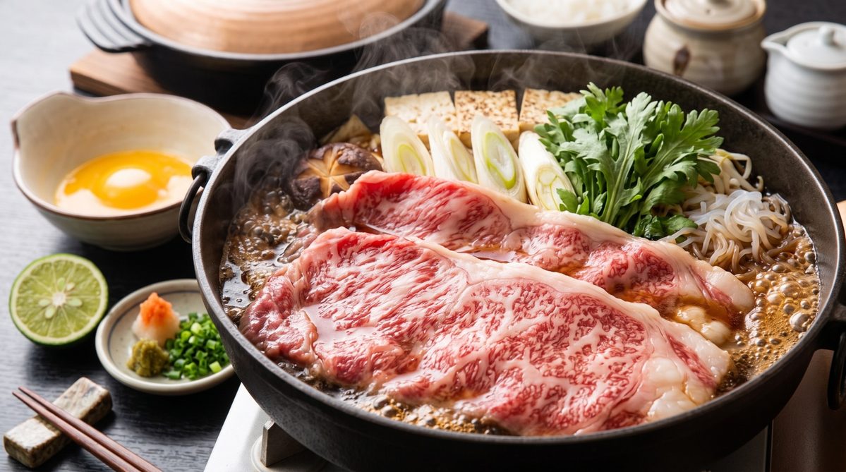 甘辛い割り下でサッと火を通すおおいた和牛の贅沢なすき焼き